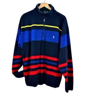 Vintage Nautica Fleece 1/4 Zip Stripe Pullover Pockets Navy Blue Red Made USA XL